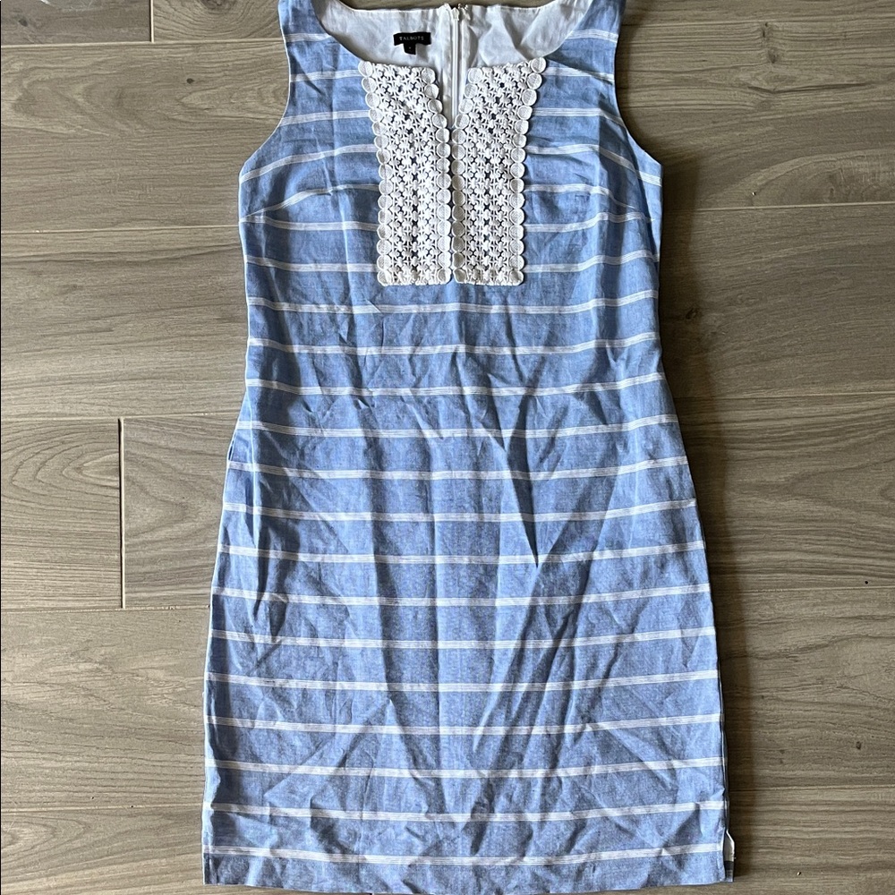 Talbots Blue and White Striped Sleeveless Dress with Crochet Bib